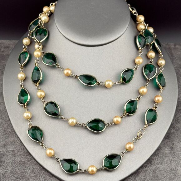 Long Vintage Necklace Gold-Tone Chain Green Teardrop Glass Bezel Faux Pearl  50” - Picture 2 of 12